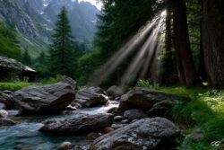 Sonnenstrahlen am Bergbach